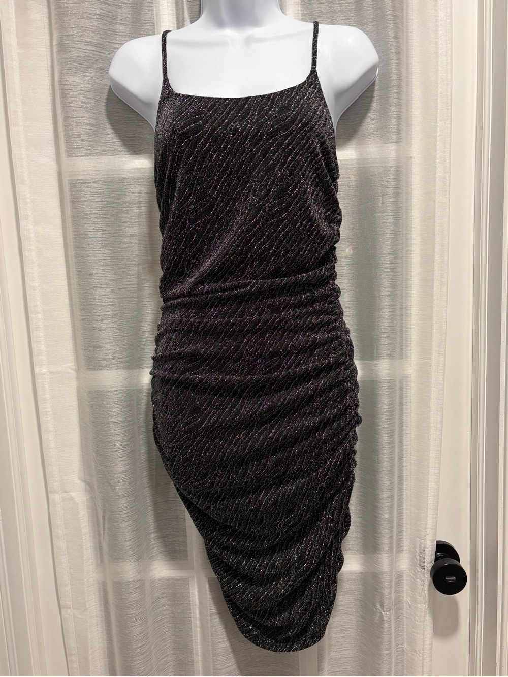 Storia Black Shimmer Sparkly Ruched Bodycon Mini Dress Spaghetti Strap Small